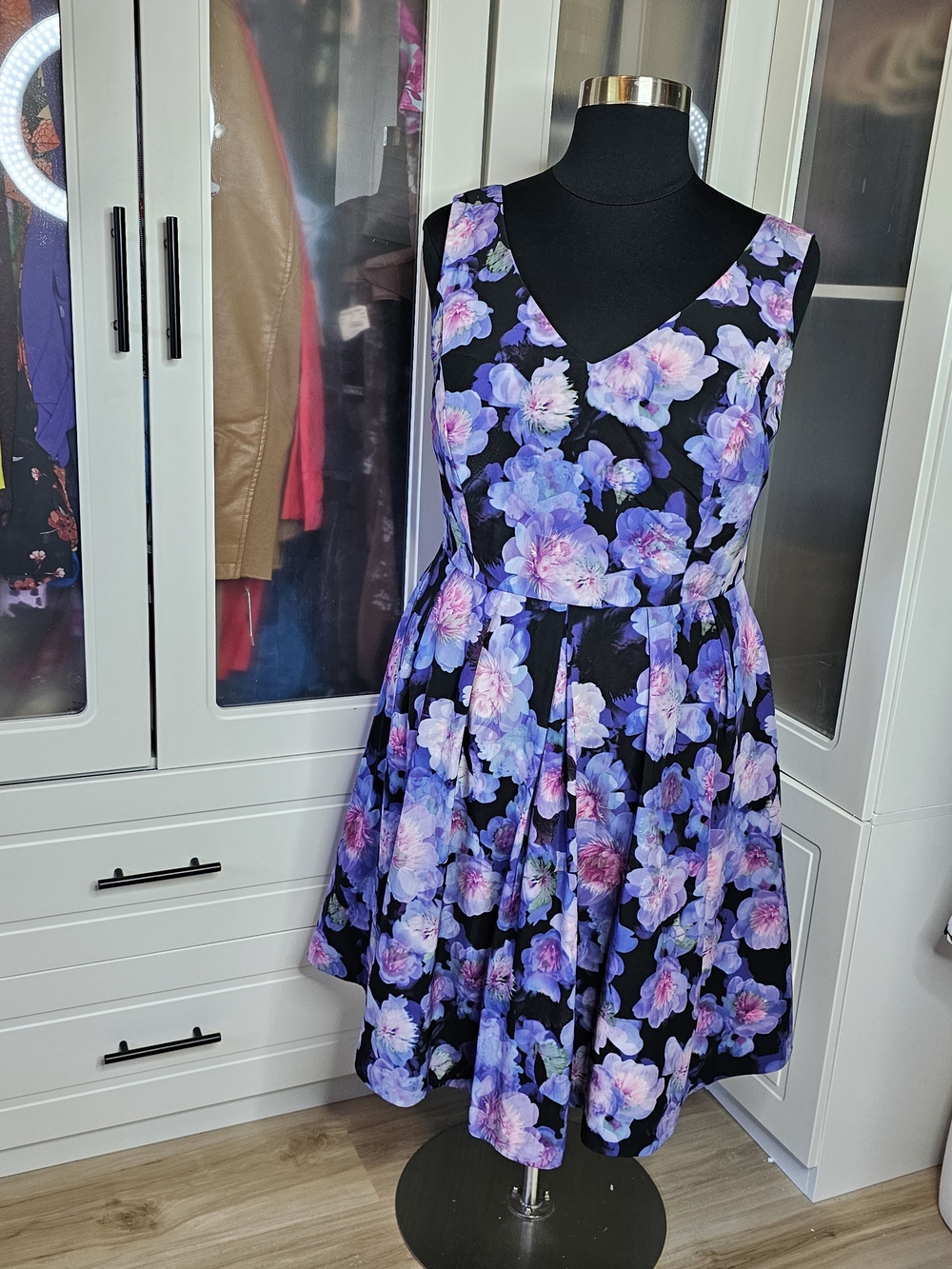 City Chic Black Midi Dress with Purple Floral Print Size 18W